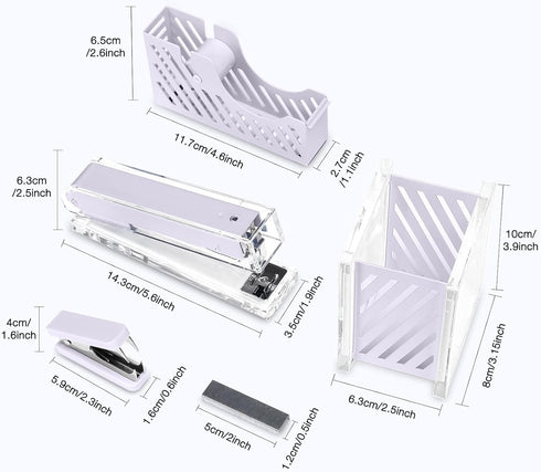 MEGREZ Desktop Staplers Kit, Acrylic Metal Stapler with 1000 PCS Staples, Office Supplies Set with Tape Dispenser, Staple Remover, Acrylic Pencil Holder for Office Staff, Purple by MEGREZ