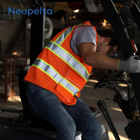 Reflective Safety Vest, Orange Mesh, High Visibility with Pockets and Zipper, Padded Neck, ANSI Class 2, Orange with