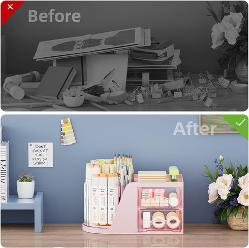 Marbrasse Desk Organizer with 2 Drawer, 360° Rotating Pen Holder, 6 Slots Pencil Organizer + 2 Drawer, Pink