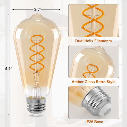 Decoaui ST64 E26 Bulbs, Dimmable, 4W(40W 300 2500K 25000 1-Pack LED Vintage Edison Light Light Amber Glass, Equivalent)