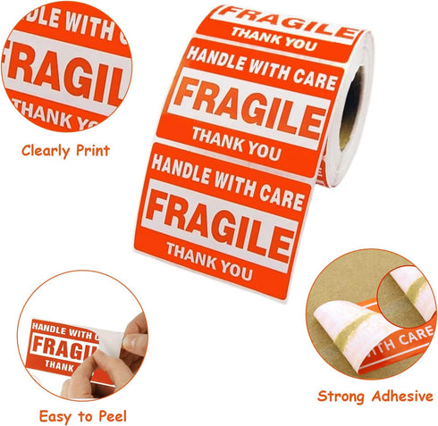 500 Fragile Stickers, 1 Roll 2" x 3" Fragile - Handle with Care - Thank You Shipping Labels Stickers (500 Labels/Roll)