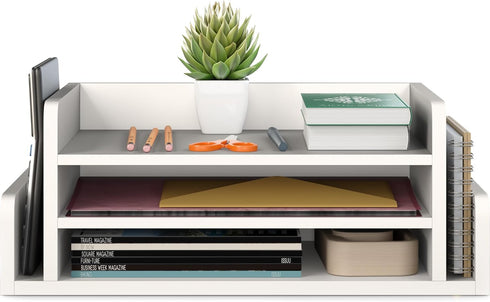 Ballucci 3-Tier Desk Organizer with 2 Side Mail Sorter Slots, Open Top Paper Organizer, Wood Letter Tray for Desktop