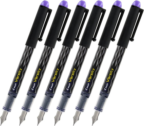 Varsity Disposable Fountain Pen, Medium Point, Black Barrel with Purple Ink, Pack of 6