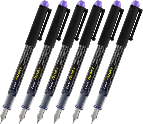 Varsity Disposable Fountain Pen, Medium Point, Black Barrel with Purple Ink, Pack of 6