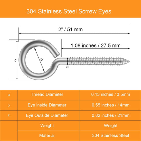 20pcs 2” 304 Stainless Screw Eyes - Small Eyelet Screws Heavy Duty Hook Lag Thread Eyebolt (20 pcs 2")