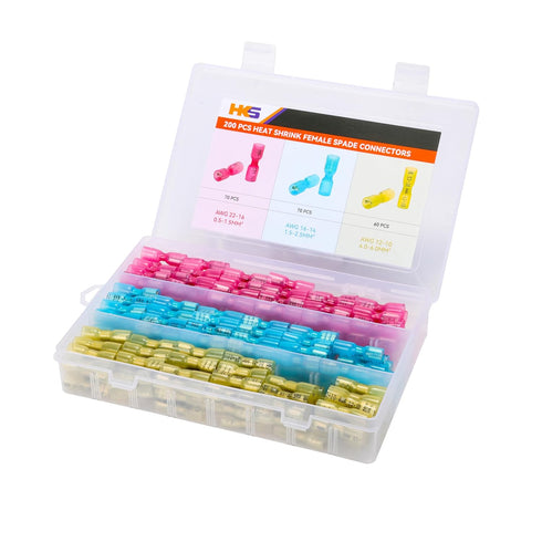 HKS 200PCS Female Spade Connector Kit, Heat Shrink Electrical Quick Disconnect Wire Connectors for Automotive