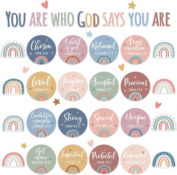 Christian Bulletin Board Decorations - Inspirational Sets with Motivational Cutouts Boho Rainbow Religious Wall Decor