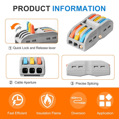 Wire Connectors Nuts, 50pcs 3 Conductor Compact Splicing Electrical Connectors, 3 Circuit Inline Splices