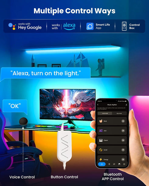 9.84ft 32-43 Inch 44 LED Lights for TV, RGB+IC TV Lights Backlight Strip Behind, with Scene Modes, Bluetooth APP