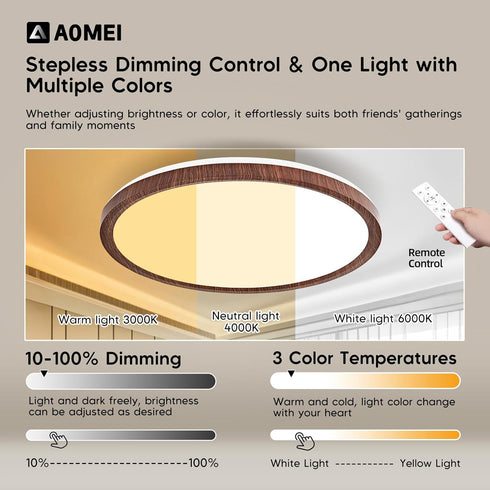 AOMEI 36W 3000-6000K (1, 12 inch) Black Walnut Style Flush Mount Ceiling Light Full Spectrum Eye-Care LED, Sealed ABS