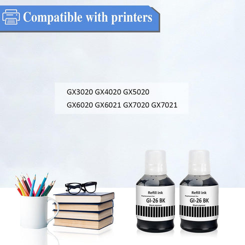 GI26 GI-26 Ink Compatible with Canon Refill Ink Bottles for MAXIFY GX3020 GX4020 Printers (2-Pack)