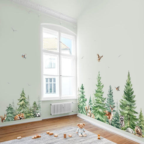 decalmile Large Watercolor Pine Tree Animals Wall Stickers Woodland Forest Tree Fox Deer Bear Wall Decals Baby Nursery