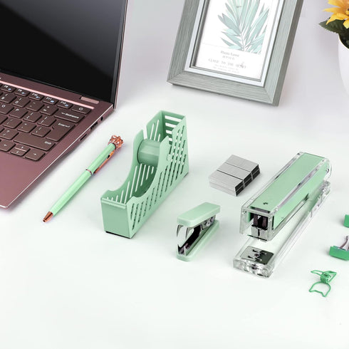 Green Desk Accessory Kit - Acrylic Stapler Set for Women and Students - Includes Tape Dispenser and 1000 Staples