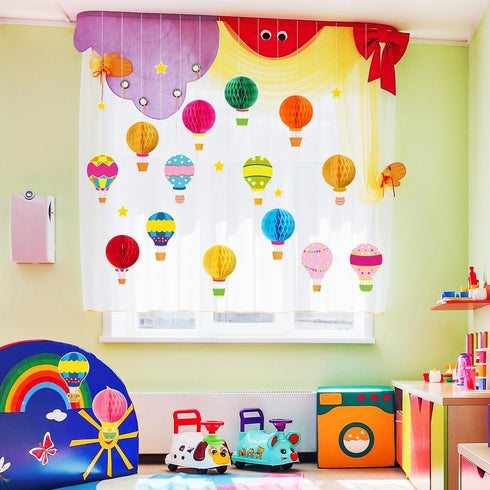 Funrous 82 Pcs Colorful 3D Hot Air Balloon Bulletin Board Set, Honeycomb Cloud Rainbow Cutouts for Preschool Classroom