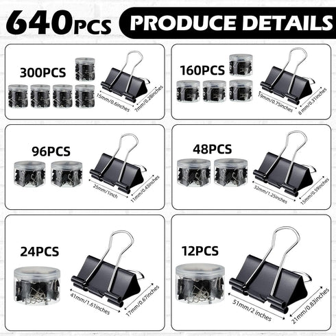 Yexiya 640 Pcs Assorted Sizes Binder Clips, Black Metal Paper Clamps for School and Office Supplies
