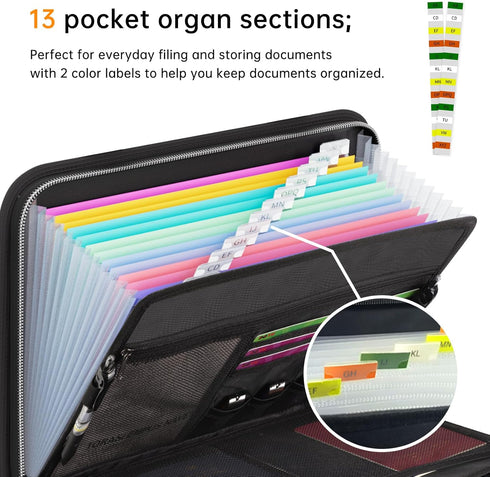 Tamfile Fireproof Accordion File Organizer with Handle, 13 Pocket Transparent Expanding Folder for Letter A4 Files