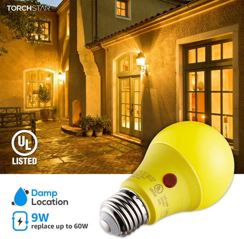TORCHSTAR Yellow Dusk to Dawn Light Bulbs, Outdoor Sensor A19 LED, 9W (60W Equivalent), 600lm, 2700K Soft White