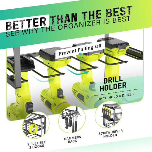 3 4 150Lbs SUNALLY Power Tool Organizer, Heavy Duty Iron, Layers Storage Rack with Drill Holders, Floating Tool Shelf