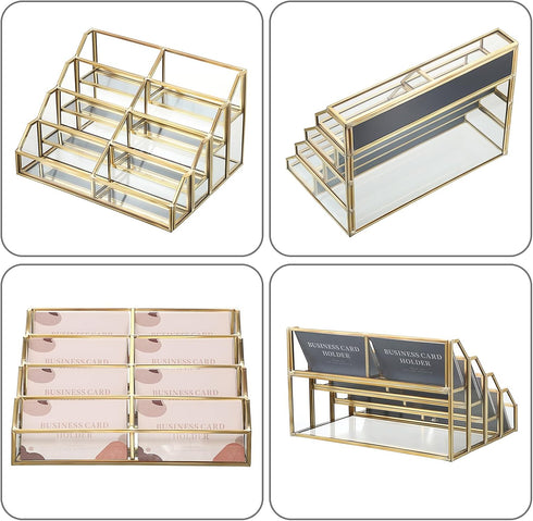 Hipiwe 8 Mirrored Glass Business Card Holder Gold Business Card Display Stand for Desk Multiple Clear Business Card