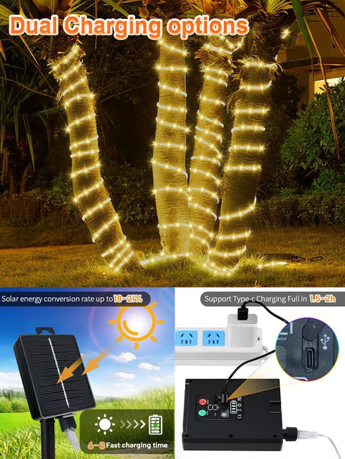 200LEDs Charging,39FT Larger Tube Solar Rope Lights Waterproof,Rechargeable Battery,Dual Outdoor String