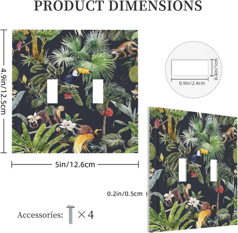 Decorative Palm Trees Double Toggle Light Switch Cover - Floral Tropical Jungle Animals 2 Gang Wall Plate for Home Decor