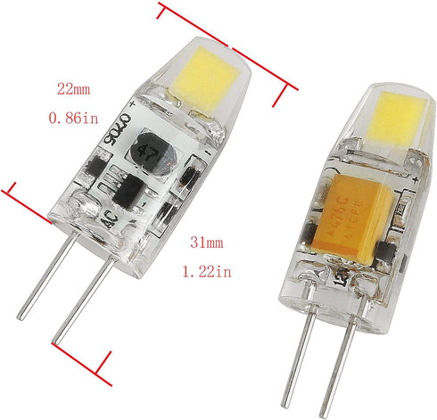 No Flicker G4 LED Bulb 2PCS, 1.2W 2700K Warm White, AC/DC 12V Bi-Pin Base, Dustproof Capsule, Replace 12V 10W Halogen