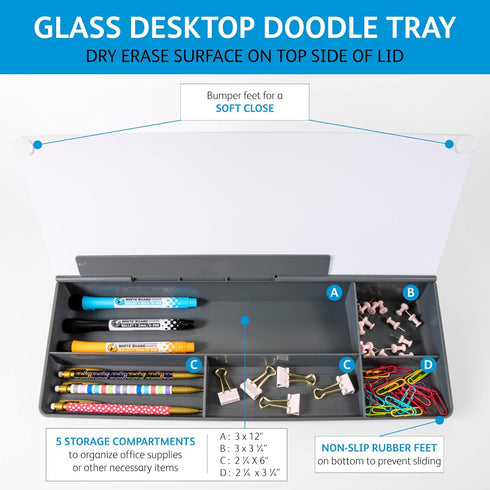 Glassboard Studio Glass Dry Erase Doodle Tray for Desktop, Marker and Eraser Included, Gray, 8 Markers