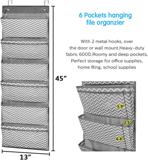 ZKOO 6 Pocket Over Door & Wall Mount File Folder Organizer, 2 Hangers for Office School Home Filing Supplies