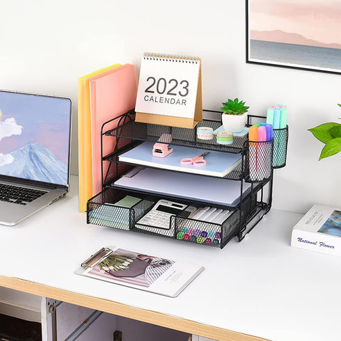Desk Organizers and Accessories, Workspace Organizers for Office Supplies, 2 Pen Holders, 4 Tier Paper Organizer for