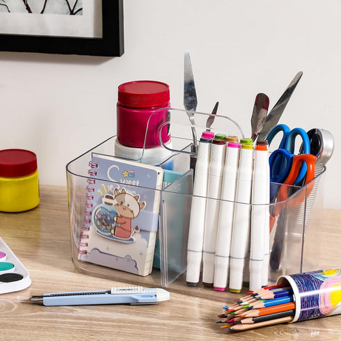 Multiuse Caddy Organizer with Handle, Portable Divided Plastic Tote Bin - Art Craft, Stationary Pen Marker Crayons