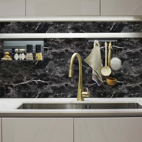Black Marble Paper Peel and Stick Wallpaper 17.7" x 78.7" Self Adhesive Thickening for Kitchen Bathroom Furniture