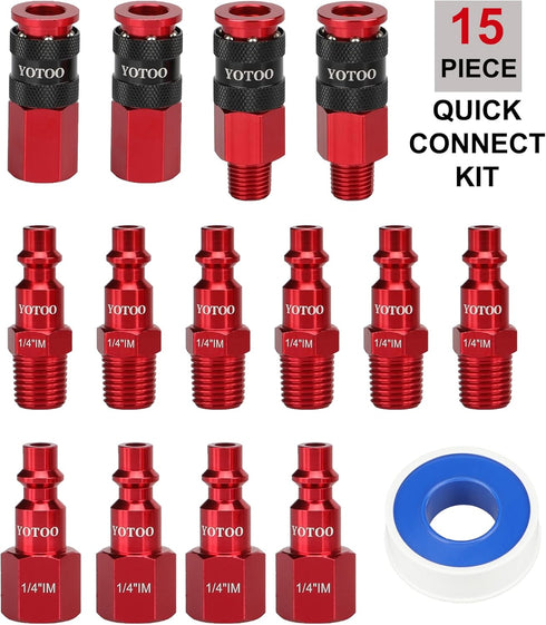 YOTOO Universal Air Coupler and Industrial Plug Kit, 15 Pcs Durable Aluminum Quick Connect Air Hose Fittings, Lightweight for Air Tools, Air Compressor Accessroies and air compressor attachments, Red by YOTOO