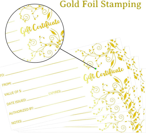 Fancy Land Blank Gift Certificates, 25pcs Gold Foil Cards with Envelopes for Business