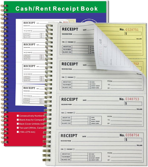 DeBiao Money and Rent Receipt Book 2-Part Carbonless 7-5/8" x 11" Spiral Bound