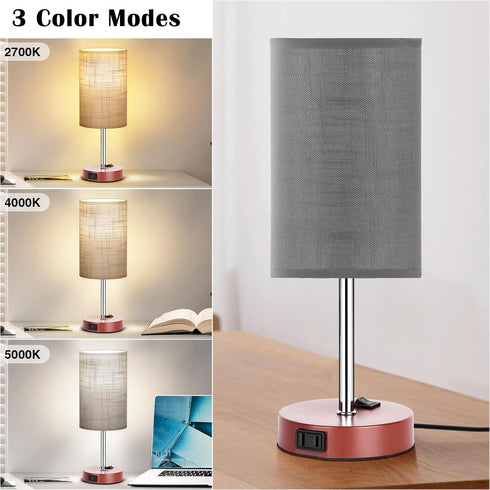 Set 2, 3 Dimmable ZJOJO Table Lamp for Bedroom of Bedside Small Lamps with Way Rocker Switch and AC Outlet, Nightstand