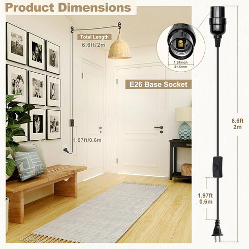 DiCUNO E26 Hanging Lantern Extension Cord Cable, Light Socket On Off Inline Switch, 6.6 Feet (2M), Black, 1-Pack