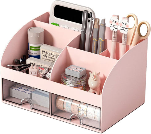 Desk Organizer with 6 Compartments and 2 Drawers, Plastic Makeup Organizer for School Home Office Supplies
