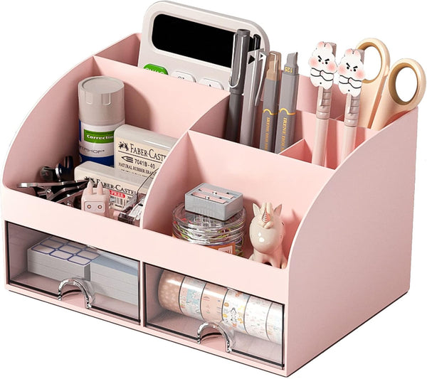 Desk Organizer with 6 Compartments and 2 Drawers, Plastic Makeup Organizer for School Home Office Supplies