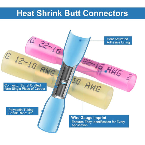 125PCS Heat Shrink Wire Connectors Kit, Waterproof Automotive Marine Electrical Terminals, 12-10, 16-14, 22-16