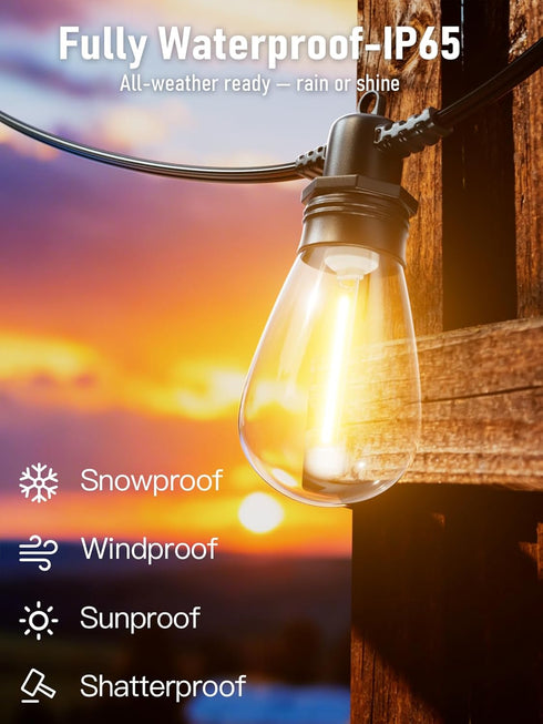 Jerritte 60FT 16+1 IP65 Bulbs, 2700K Dimmable Commercial LED Outdoor String Lights with Edison Shatterproof Waterproof