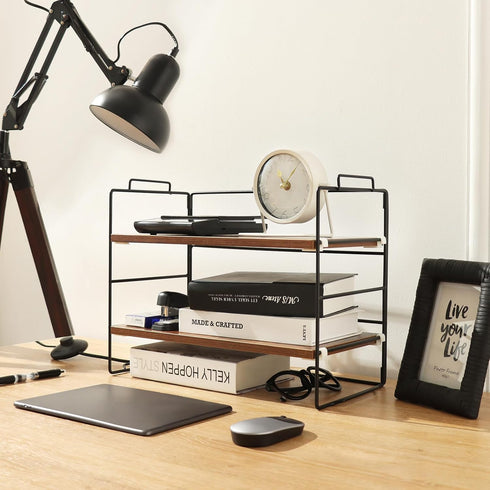 KATHY&BOB Wood Desk Shelf Organizer, 2-Tier Adjustable Stackable Storage Rack for Office, Kitchen, Bathroom,