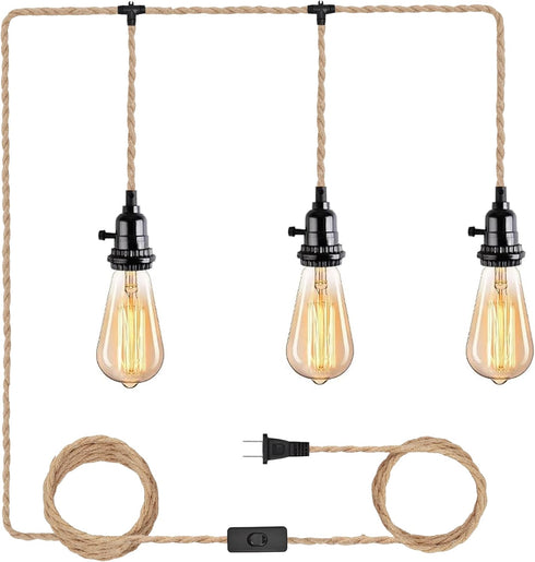CAFULAM 3 Light Hemp Rope Plug in Pendant Light Rattan Hanging Lights with