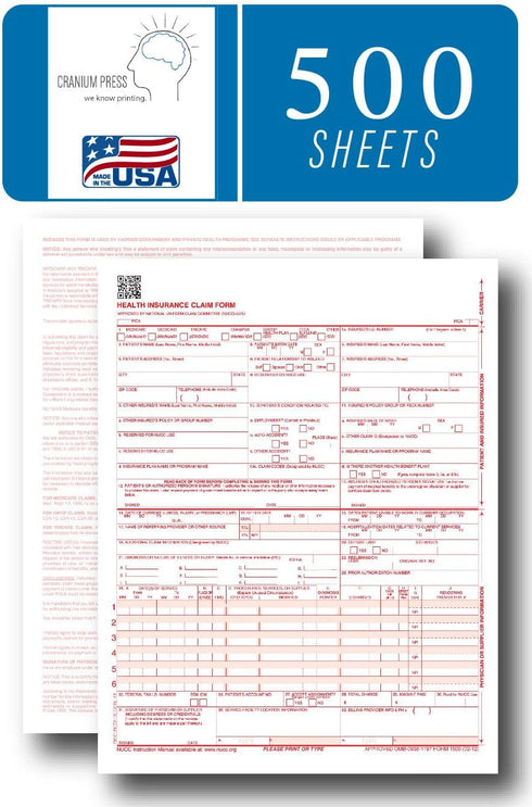 CMS 1500 500 1500 02/2012 Claim Forms - Sheets | New Version HCFA Revision | Laser & Inkjet Compatible Health Insurance