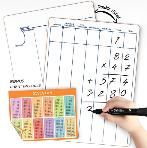 SCRIBBLEDO 9 x 12 Inch Dry Erase Division & Place Value White Board, Double-Sided Math Manipulatives