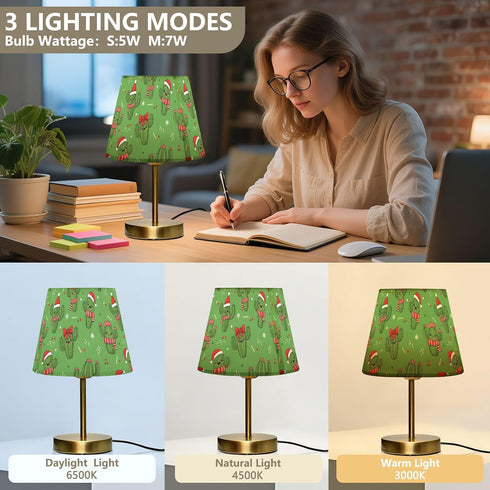 (Bulb Included),7.9x12.6in Table Lamp Christmas Cactus Pattern with Hats Desk Lamp with Fabric Shade Tablelamp