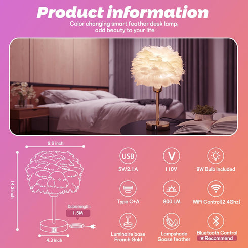 9W 800LM Dimmable Smart Touch Control Bedside Table Feather Lamp Night Light with USB Charging for Girl, Baby, Alexa