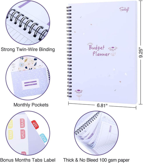 Monthly Budget Planner Book (Undated) with 12 Pockets for Income, Debt, Saving, Expense, and Bill Tracker, Purple