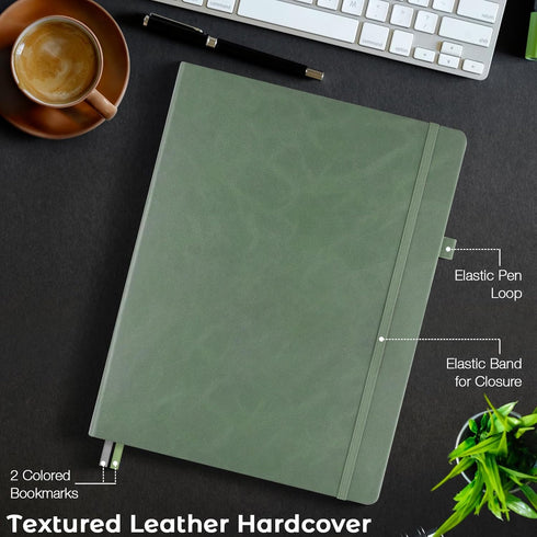 Graph Paper Notebook - Hardcover 8.5 x 11, Grid Journal for Writing, Thick Paper, Olive Leather for Work