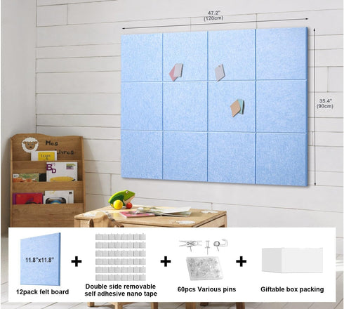 Felt Wall Tiles Bulletin Board - Large Cork Board Alternative, 12 Pack 11.81”x11.81”x0.47” for Home Office School