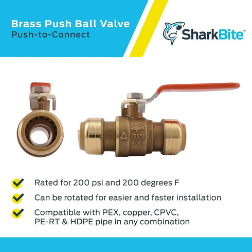 SharkBite 3/4 Inch Ball Valve, Push to Connect Brass Plumbing Fitting, Water Shut Off